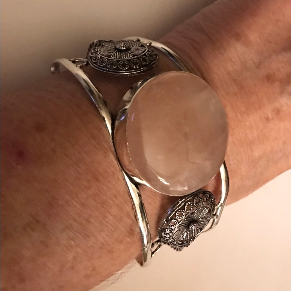 Rose Quartz Stamped 925 Sterling Silver Cuff Bracelet